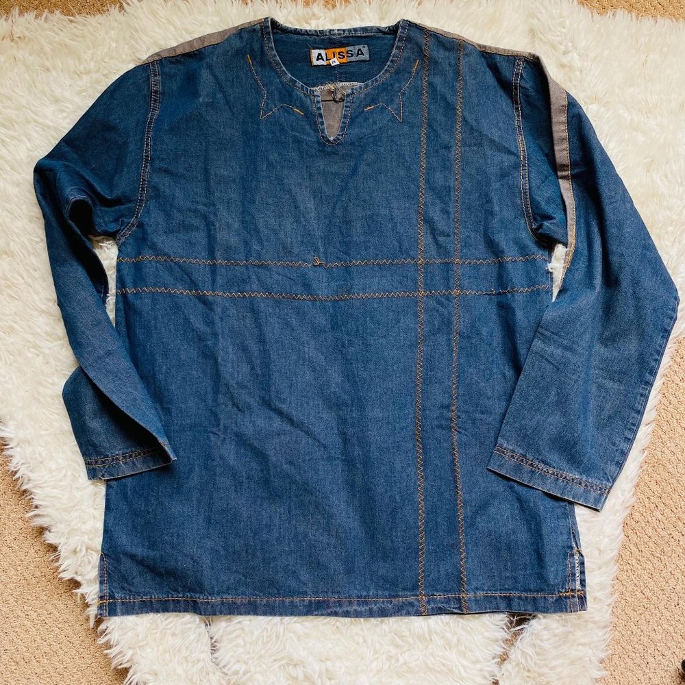 Alissa Unisex Boho Hippie Vintage  Long Sleeve Pullover Denim Shirt Medium